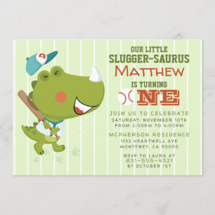 Baby Dinosaur Baseball Themed 1st Birthday Party Invitation