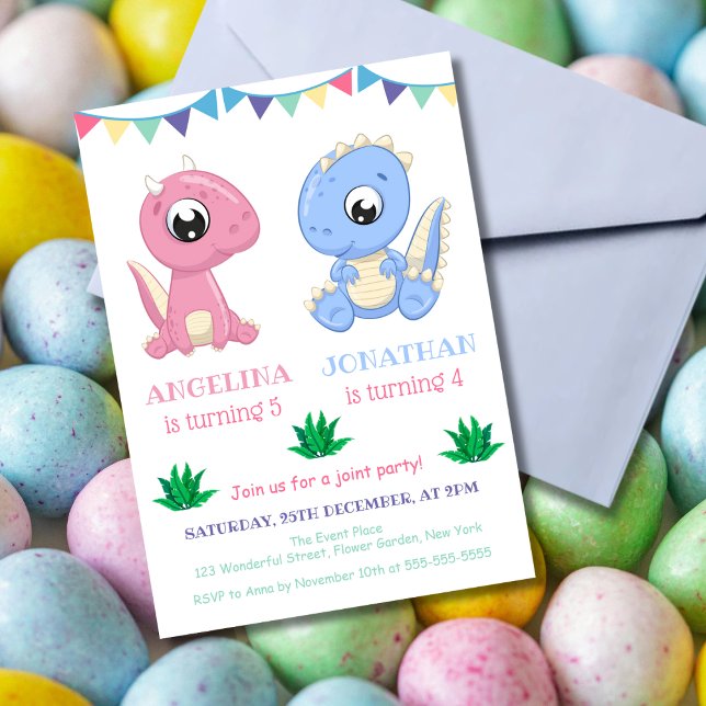 Baby Dinosaur Boy and Girl Joint Birthday  Invitation (Creator Uploaded)