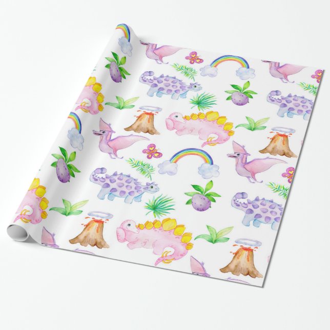 Baby Dinosaur Pastel Colours Cute Wrapping Paper (Unrolled)