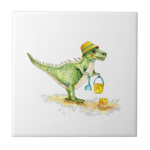 Baby Dinosaur T-Rex on the Beach Ceramic Tile
