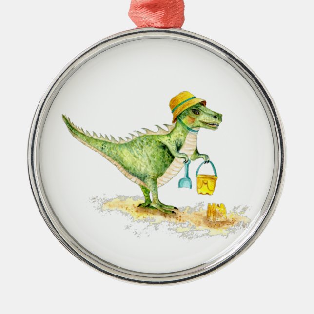 Baby Dinosaur T-Rex on the Beach Metal Ornament (Front)