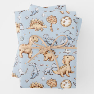 Baby dinosaurs on blue wrapping paper sheet