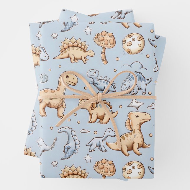 Baby dinosaurs on blue wrapping paper sheet (In situ)