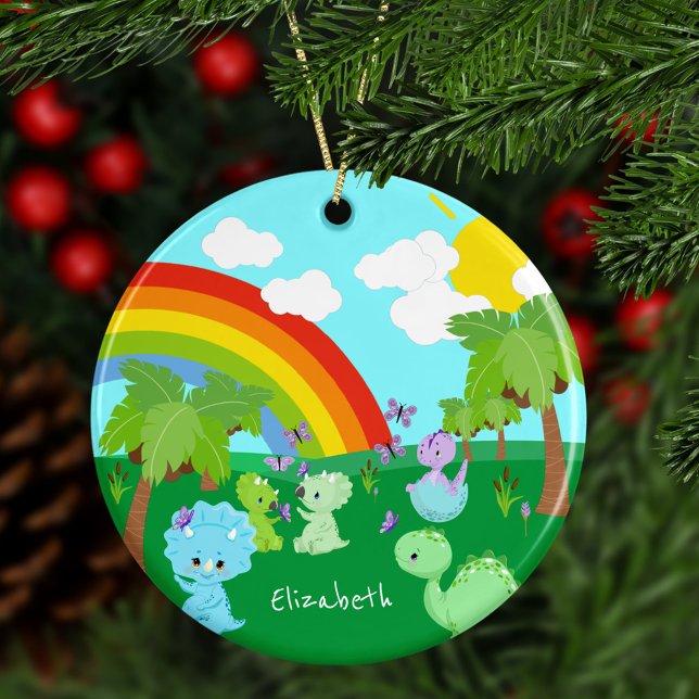 Baby Dinosaurs with Butterflies, Rainbow, and Sun Ceramic Ornament (Creator Uploaded)
