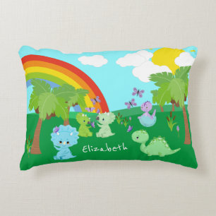 Baby Dinosaurs with Butterflies, Rainbow, and Sun Decorative Cushion