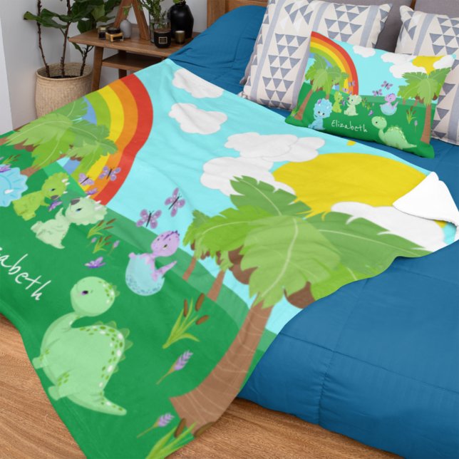 Baby Dinosaurs with Butterflies, Rainbow, and Sun Fleece Blanket (Creator Uploaded)
