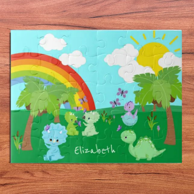Baby Dinosaurs with Butterflies, Rainbow, and Sun Jigsaw Puzzle (Creator Uploaded)