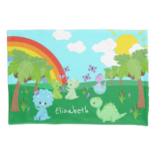 Baby Dinosaurs with Butterflies, Rainbow, and Sun Pillowcase