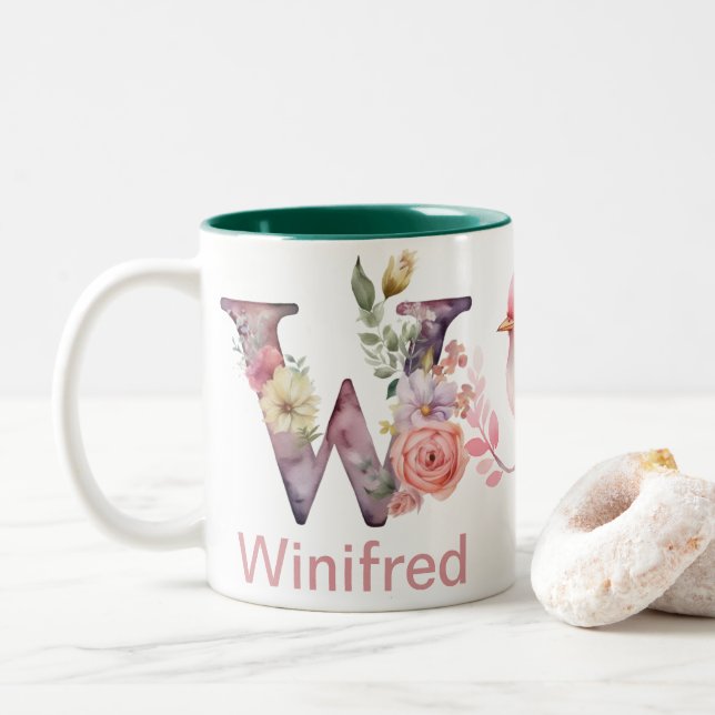 Baby Dog Photo Name Letter W Floral Monogram Bird Two-Tone Coffee Mug (With Donut)