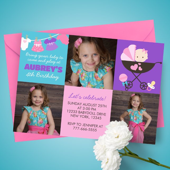 Baby Doll 3 Photo Birthday Invitation (Baby Doll Birthday 3 Picture Party Invitations. Available printed or digital download )