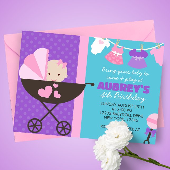 Baby Doll Birthday Party Invitations (Baby Doll Birthday Party Invites in shades of pink, purple and a beautiful caribbean teal blue)