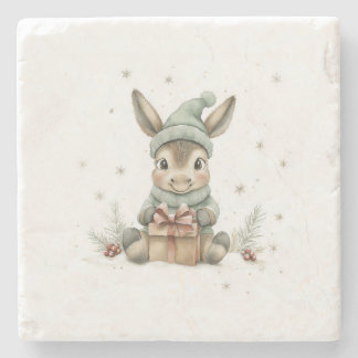 Baby Donkey in Winter Santa Hat Gift 4 Stone Coaster