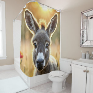 Baby donkey peaceful nature red poppies field shower curtain