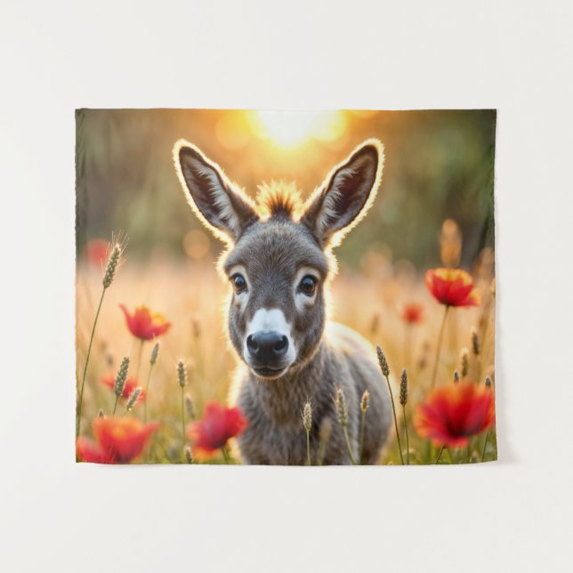 Baby donkey peaceful nature red poppies field tapestry (Front (Horizontal))