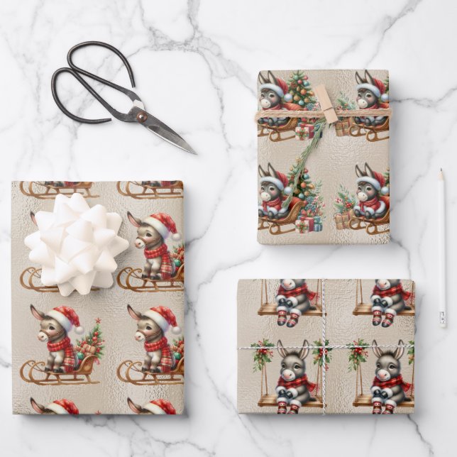 Baby Donkeys Christmas Kids Wrapping Paper Sheet (Front)