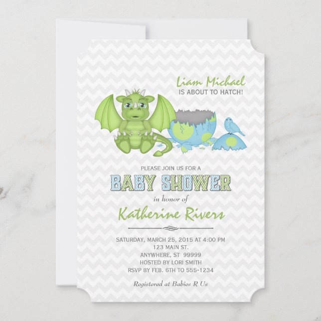 Baby Dragon Baby Shower Invitation Green Blue Grey (Front)