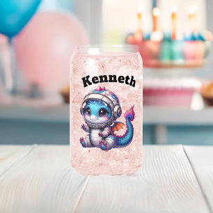 Baby dragon in helmet exploring space can glass