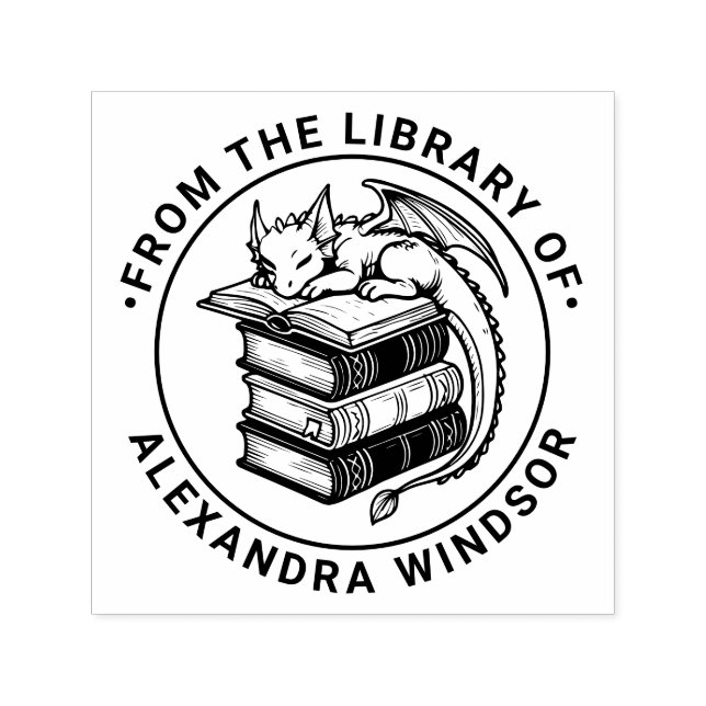 Baby Dragon Sleeping on Book Stack Library Name Self-inking Stamp (Design)
