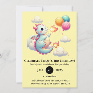 Baby Dragon with Balloons in the Sky Birthday Invitation