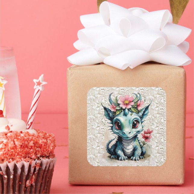 Baby Dragon with Pink Flowers and Lace Square Sticker (Party)
