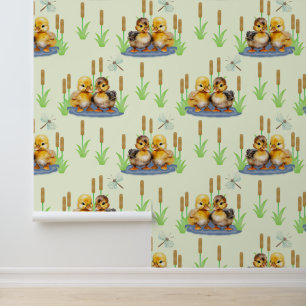 Baby Ducklings in a Puddle Cattail Dragonfly  Wallpaper