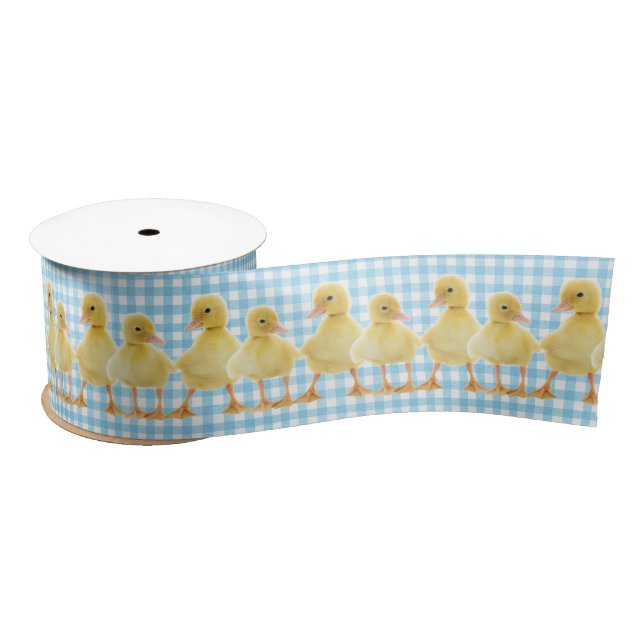 Baby Ducks On Aqua Gingham Satin Ribbon (Spool)