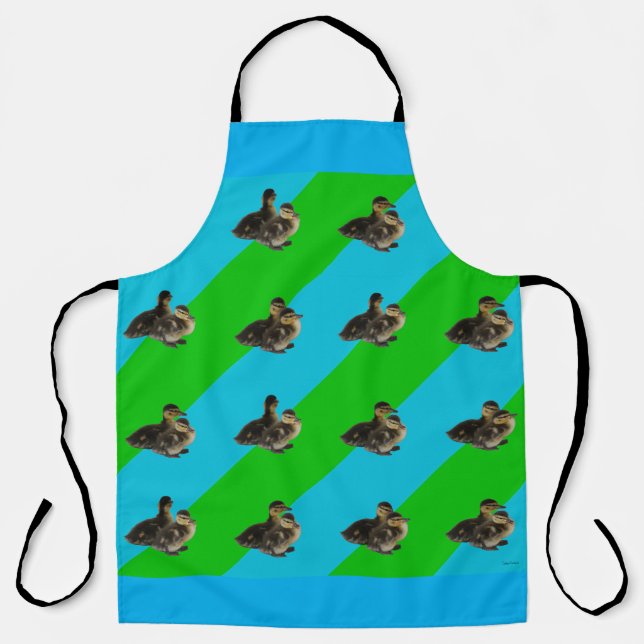 Baby Ducks on Grass Green and Sky Blue Pattern Apron (Front)