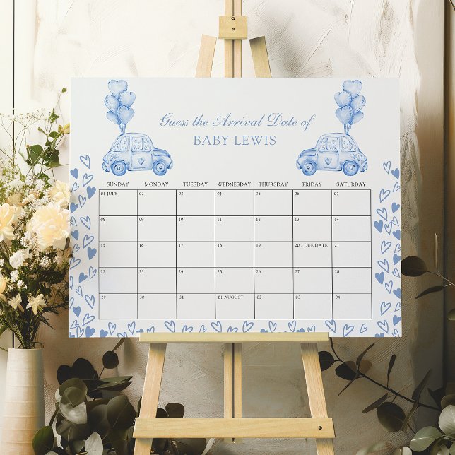 Baby Due Date Calender Baby Shower Game Blue Car Poster (Baby Shower Guess the Date Calendar Poster - available printed or digital - by Darling & May)