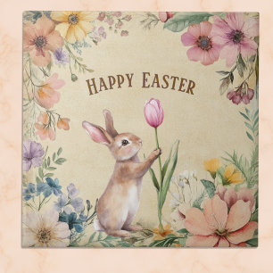 Baby Easter Bunny with Pink Tulip Vintage Floral Ceramic Tile