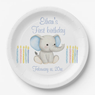Baby Elephant 1st Birthday Blue Watercolor Paper Plate