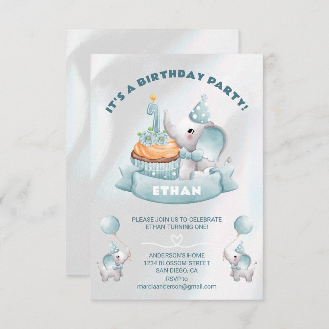 Baby Elephant 1st Birthday Invitation (Front/Back)