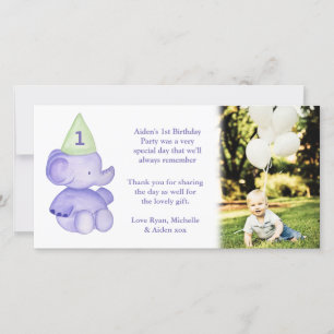 Baby Elephant 1st Birthday Thank You Photo Card