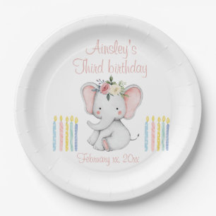 Baby Elephant 3rd Birthday Pink Watercolor Paper Plate