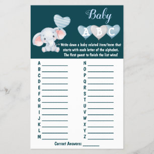 Baby Elephant ABC Baby Shower Game Card