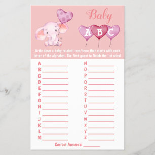 Baby Elephant ABC Baby Shower Game Card
