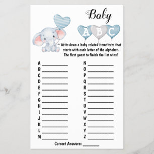 Baby Elephant ABC Baby Shower Game Card