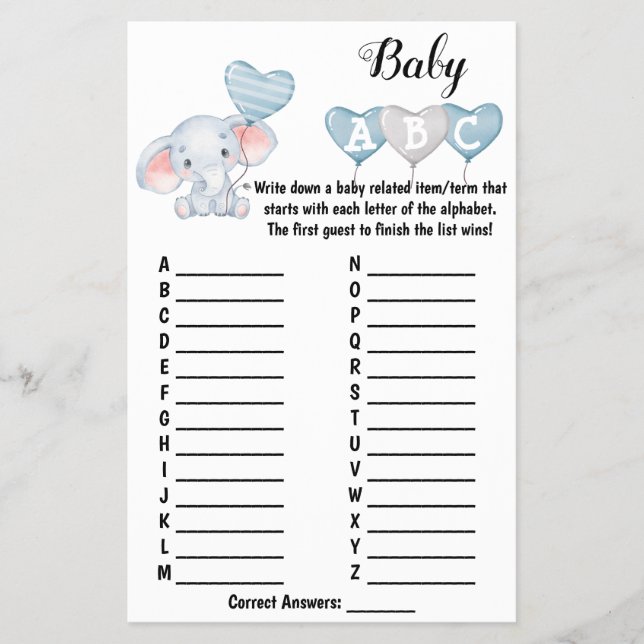 Baby Elephant ABC Baby Shower Game Card (Front)