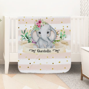 Baby Elephant and Flowers Baby Blanket