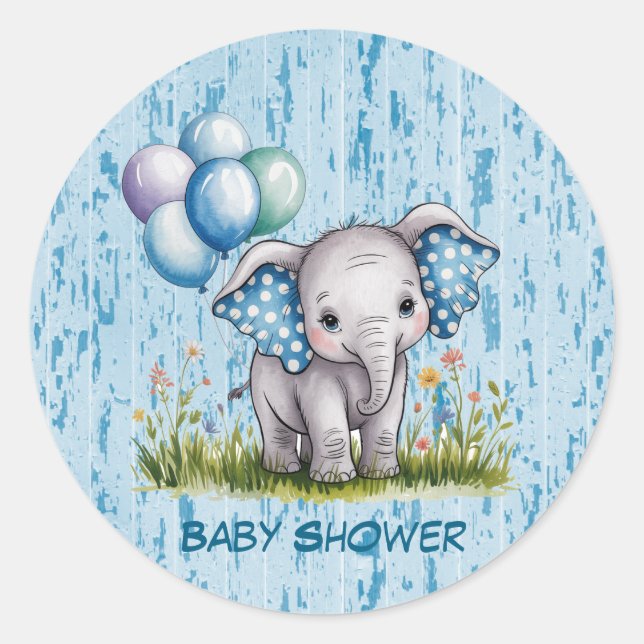 Baby Elephant and Wildflower Boy Baby Shower Classic Round Sticker (Front)