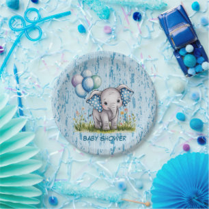 Baby Elephant and Wildflower Boy Baby Shower Paper Plate