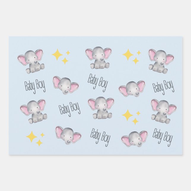 baby elephant baby boy shower wrapping paper sheet (Front)