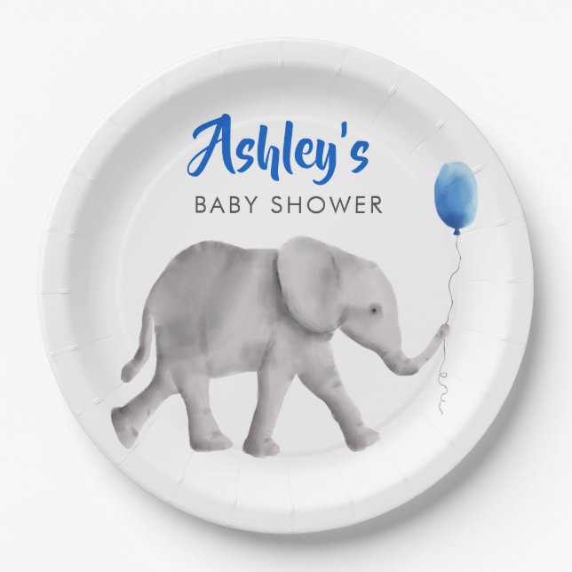 Baby Elephant Baby Shower, Elephant & Blue Balloon Paper Plate (Front)