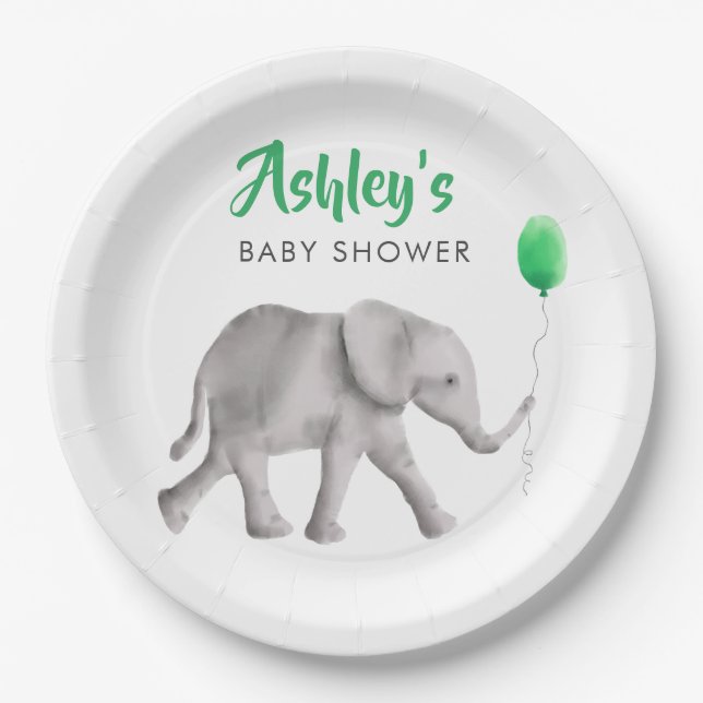 Baby Elephant Baby Shower Elephant & Green Balloon Paper Plate (Front)