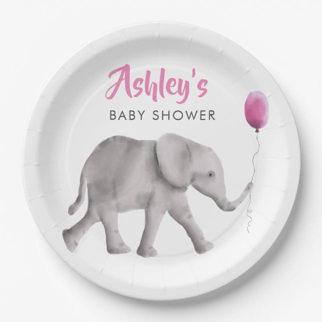 Baby Elephant Baby Shower, Elephant & Pink Balloon Paper Plate (Front)