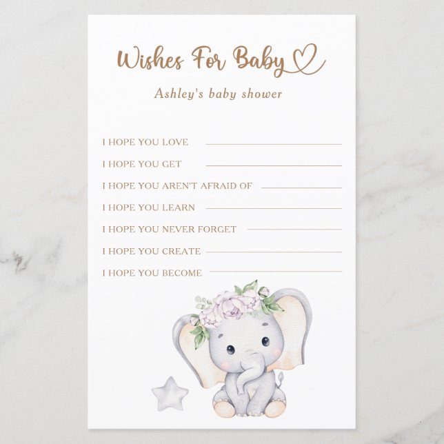Baby Elephant Baby Shower Wishes for Baby (Front)