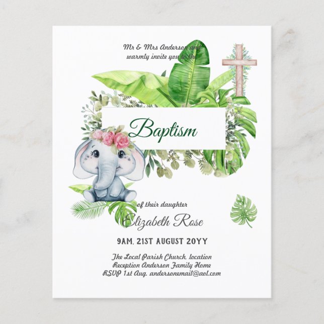 Baby Elephant BAPTISM Bautizo Bautismo Invtiations Flyer (Front)