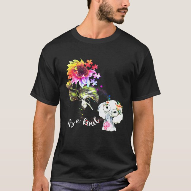 Baby Elephant Be Kind Colourful Sunflower Autism A T-Shirt (Front)
