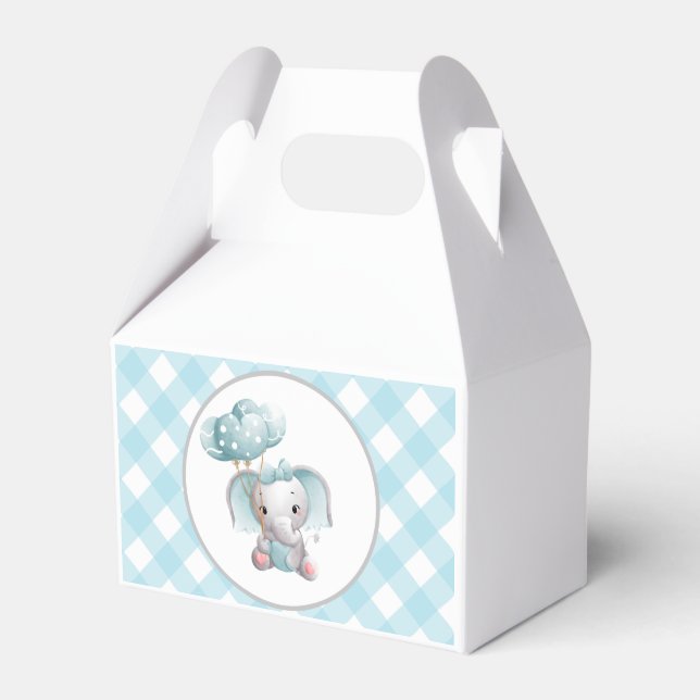 Baby Elephant Birthday Favour Box Blue Gingham (Front Side)