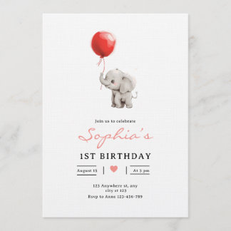 Baby Elephant Birthday Invite, Kids 1st Birhday Invitation