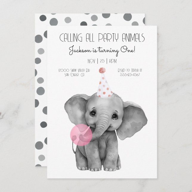 Baby Elephant black and white Birthday Invitation (Front/Back)